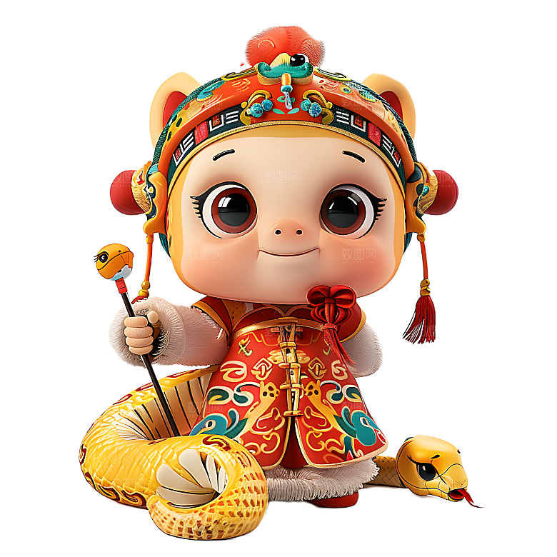 中国风国潮春节财神小蛇吉祥形象PNG元素