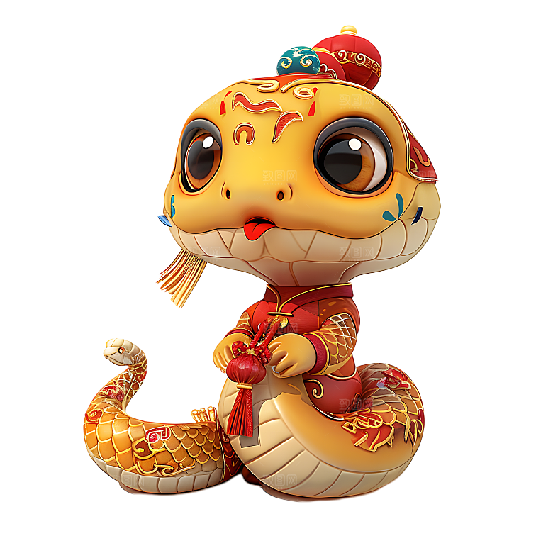 中国风国潮春节财神小蛇吉祥形象PNG元素