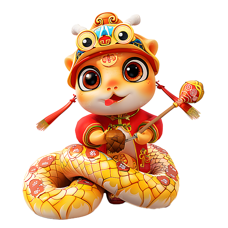 中国风国潮春节财神小蛇吉祥形象PNG元素
