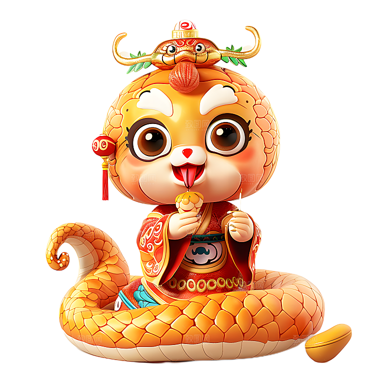 中国风国潮春节财神小蛇吉祥形象PNG元素