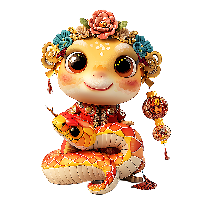 中国风国潮春节财神小蛇吉祥形象PNG元素