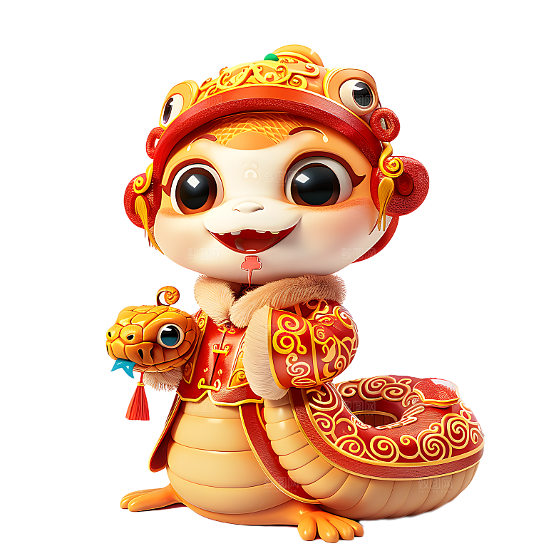 中国风国潮春节财神小蛇吉祥形象PNG元素