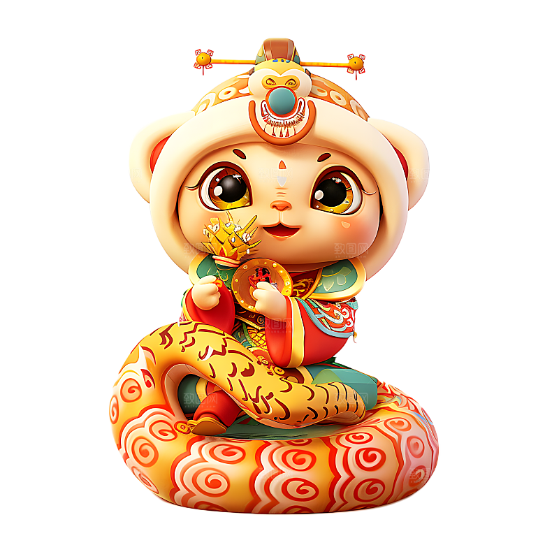 中国风国潮春节财神小蛇吉祥形象PNG元素
