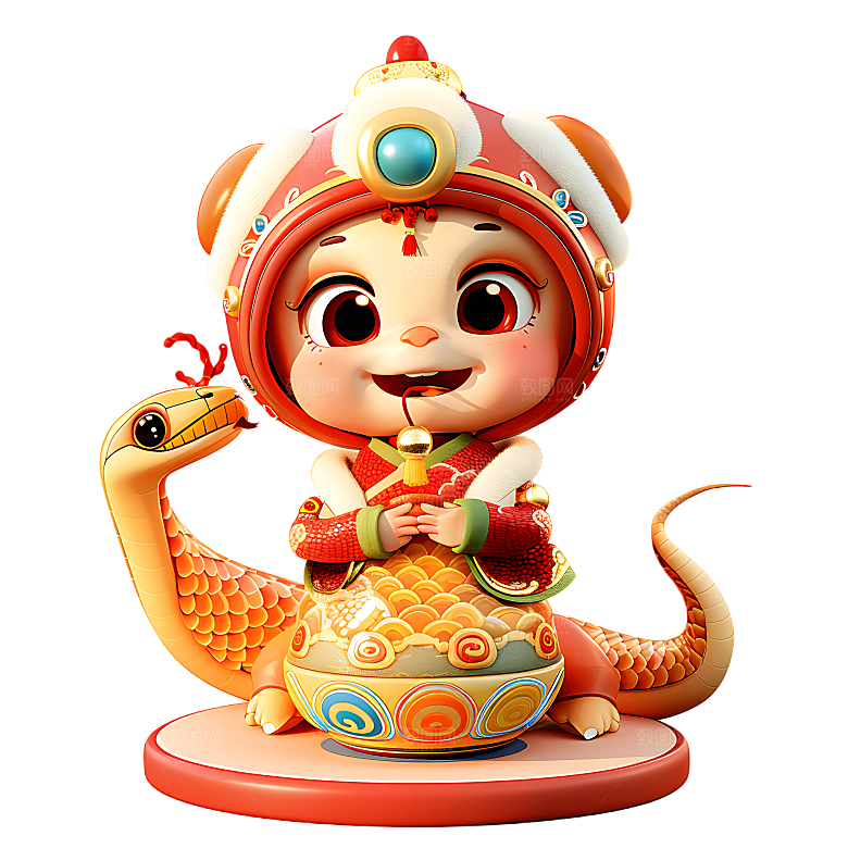 中国风国潮春节财神小蛇吉祥形象PNG元素