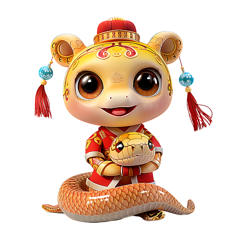 中国风国潮春节财神小蛇吉祥形象PNG元素