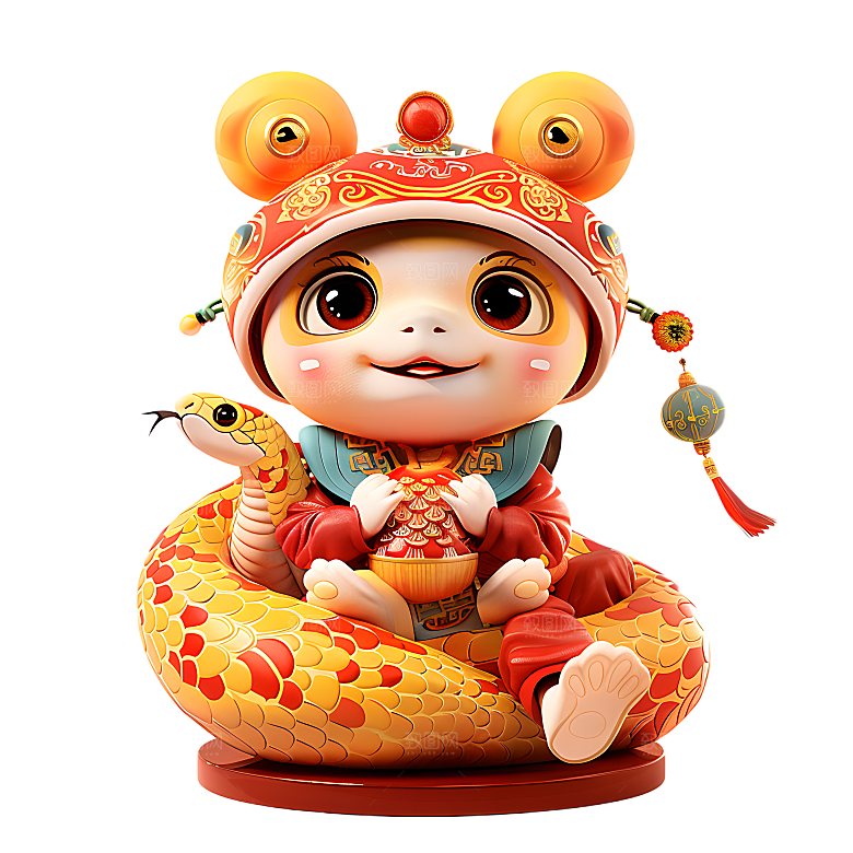 中国风国潮春节财神小蛇吉祥形象PNG元素