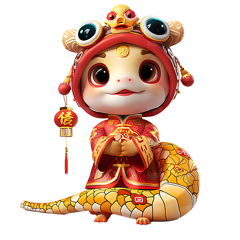 中国风国潮春节财神小蛇吉祥形象PNG元素