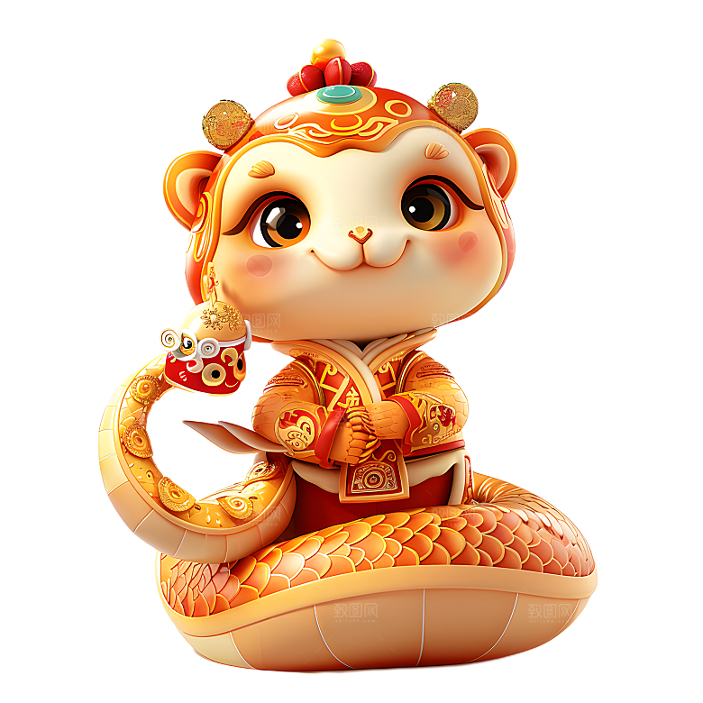 中国风国潮春节财神小蛇吉祥形象PNG元素