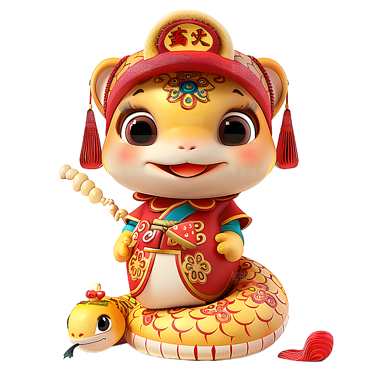 中国风国潮春节财神小蛇吉祥形象PNG元素