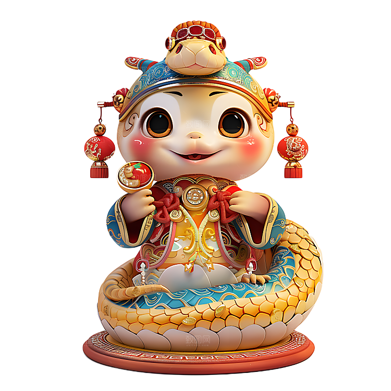 中国风国潮春节财神小蛇吉祥形象PNG元素