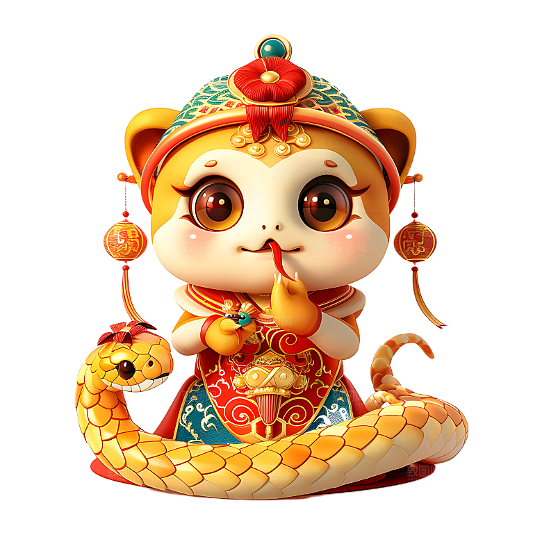 中国风国潮春节财神小蛇吉祥形象PNG元素