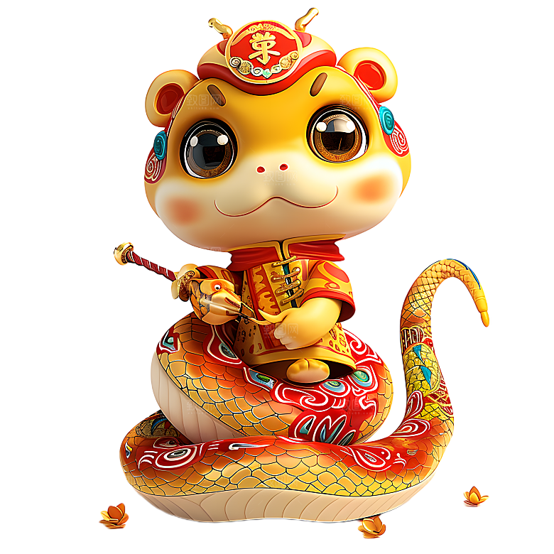 中国风国潮春节财神小蛇吉祥形象PNG元素