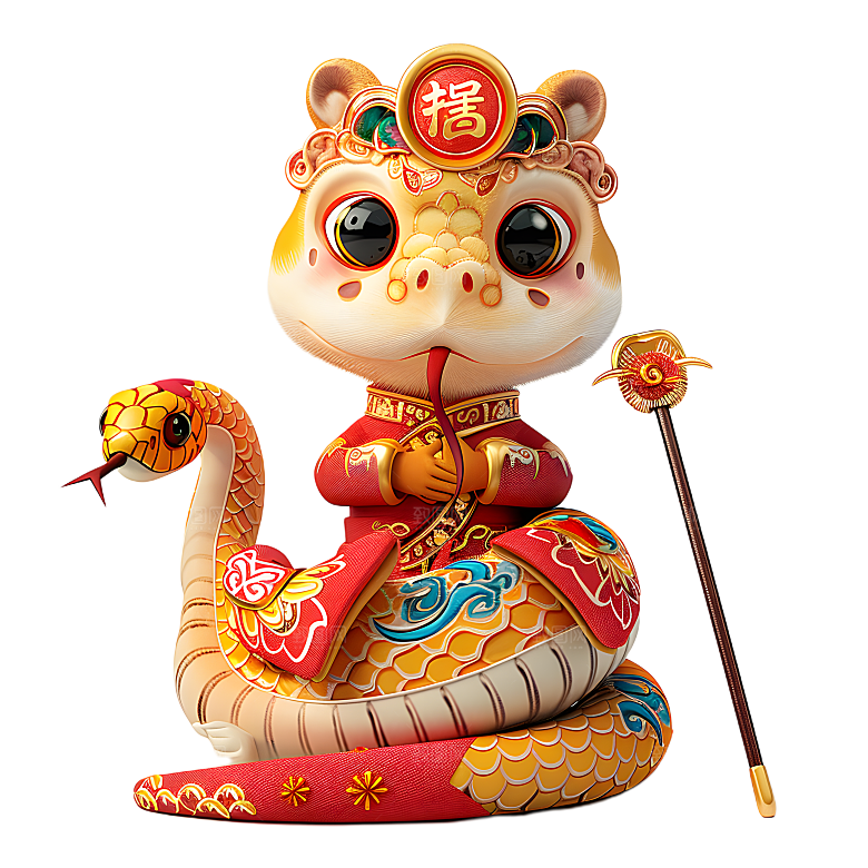 中国风国潮春节财神小蛇吉祥形象PNG元素