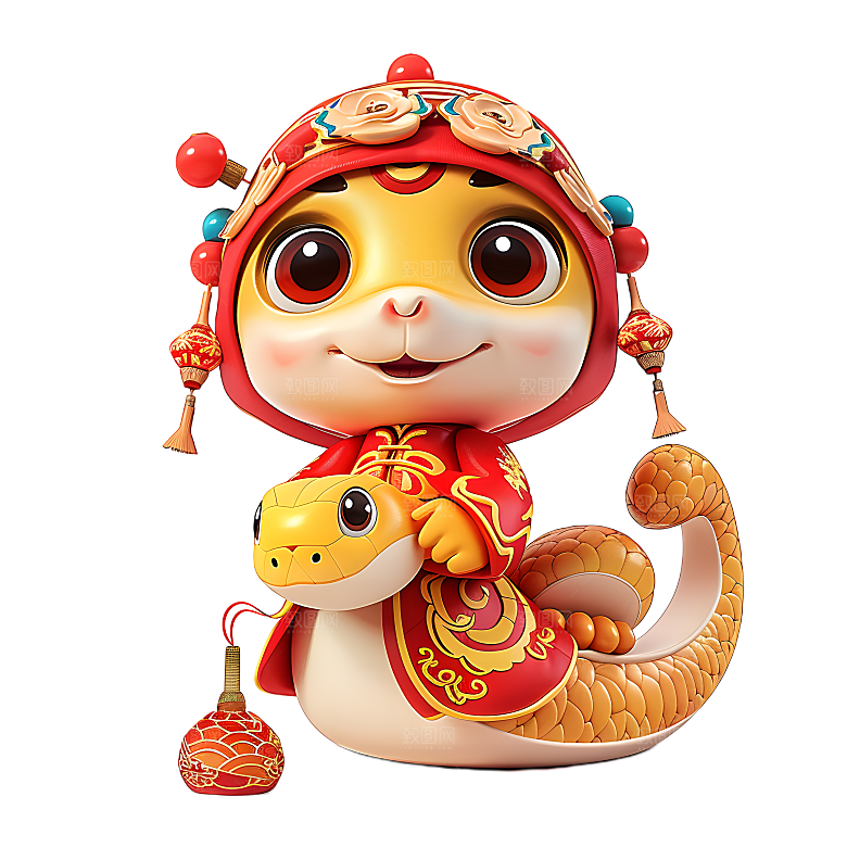 中国风国潮春节财神小蛇吉祥形象PNG元素