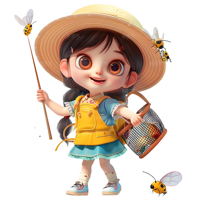 捕虫少女夏日暑假捉虫女孩夏令营探险素材