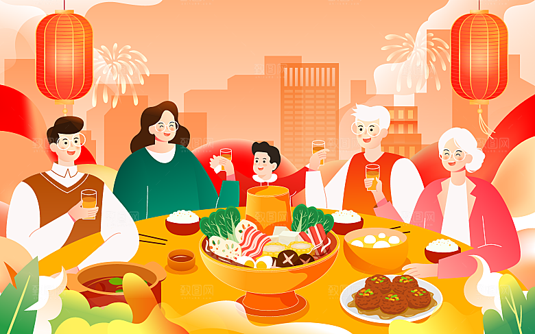 一家五口除夕夜举杯吃年夜饭