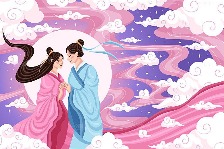 在月亮上相遇的牛郎织女七夕节