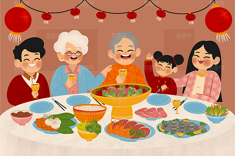 春节快乐一家人开心吃年夜饭