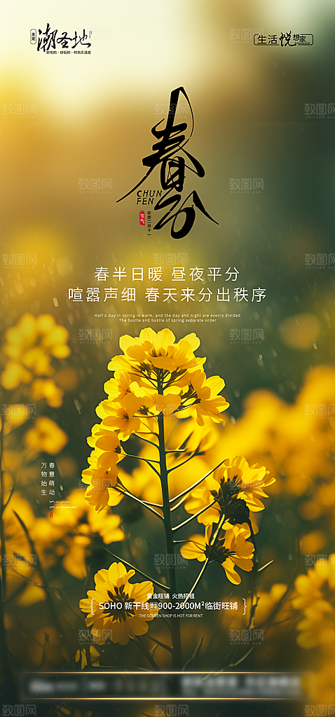春分简约大气唯美节气节日插画海报