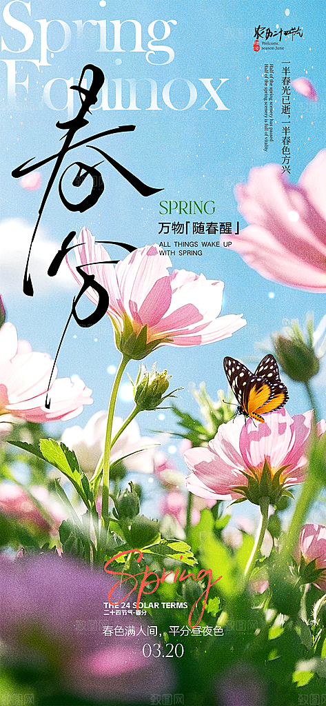 春分简约大气插画节气唯美节日海报