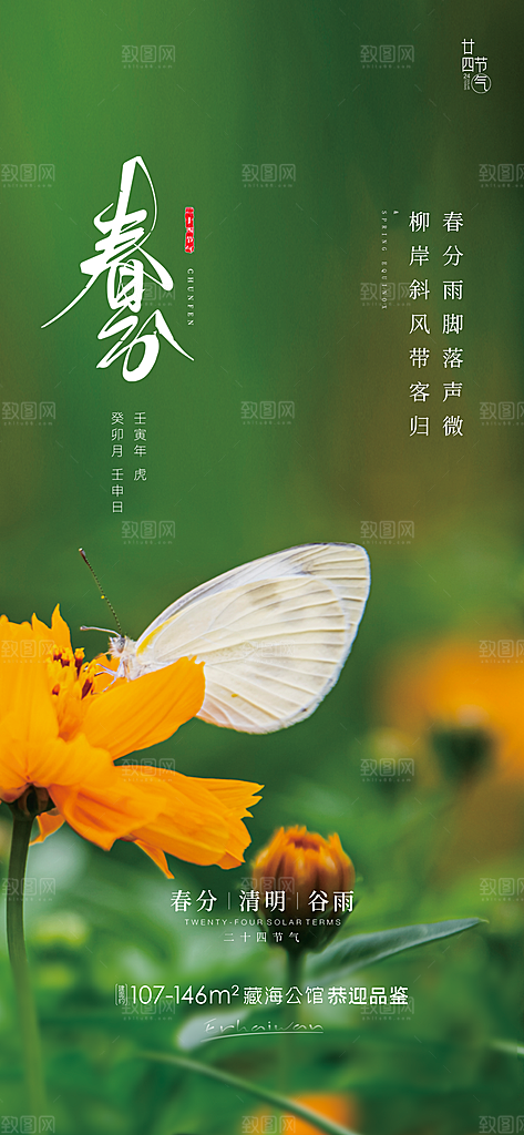 春分简约节日大气唯美插画节气海报