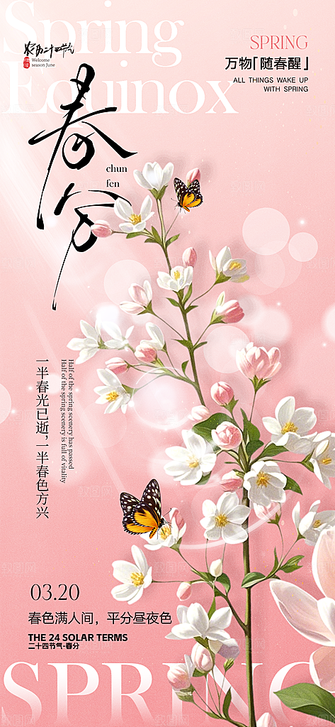 春分简约节日大气唯美插画节气海报