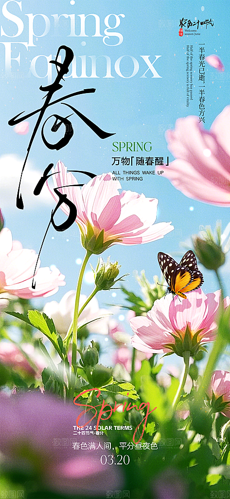 春分简约节日大气唯美插画节气海报