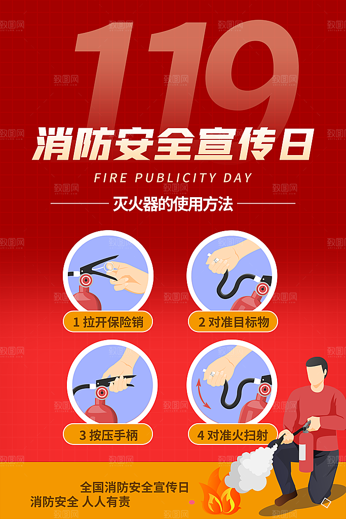 消防安全宣传日灭火救火119消防员海报