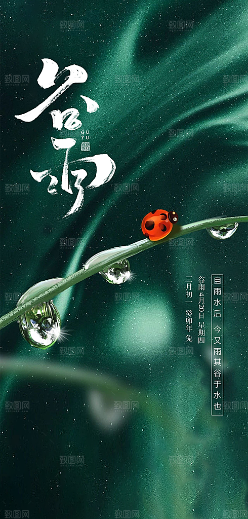 谷雨唯美插画大气简约节气节日宣传海报