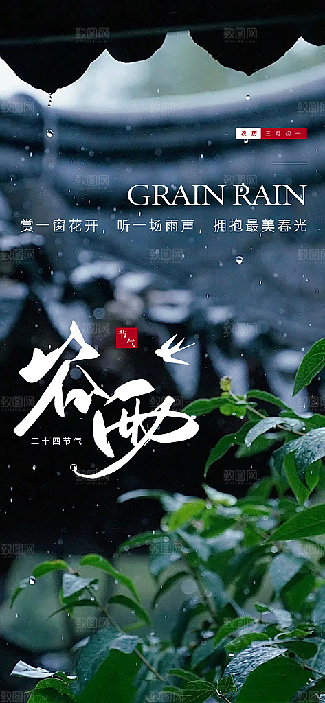 谷雨唯美插画大气简约节气节日宣传海报