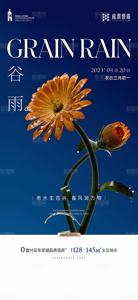 谷雨简约节气大气唯美节日插画宣传海报