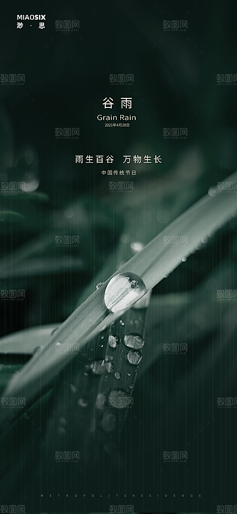 谷雨简约节气大气唯美节日插画宣传海报