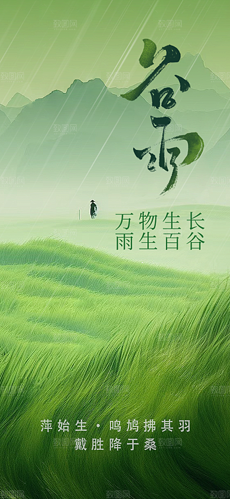 谷雨简约插画节日节气大气唯美宣传海报