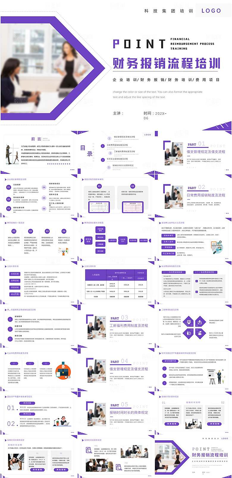 紫色简约财务报销流程培训PPT模板