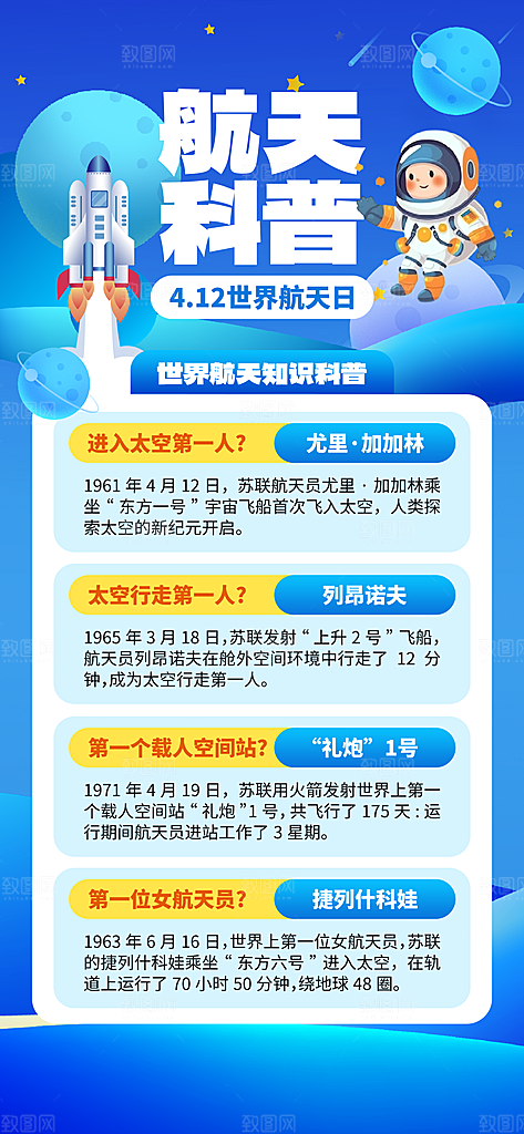 世界航天日航天精神太空火箭宇航员海报