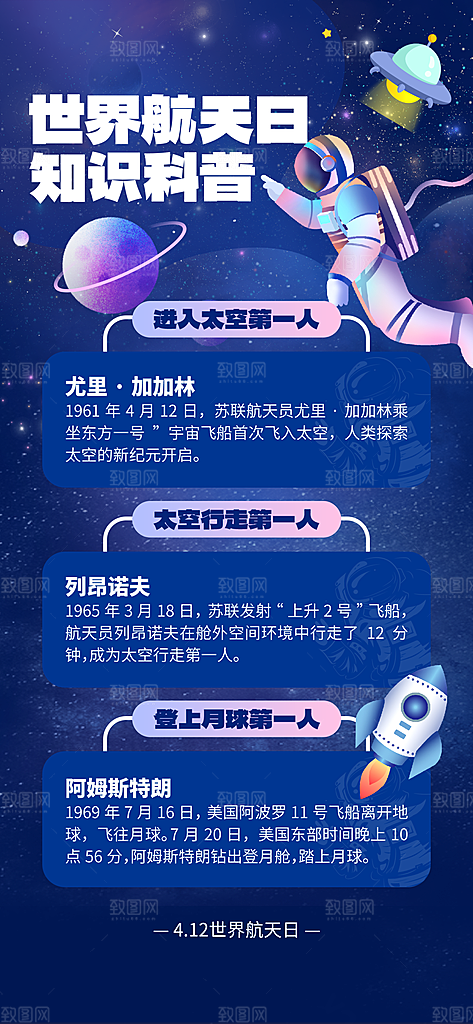 世界航天日航天精神太空火箭宇航员海报