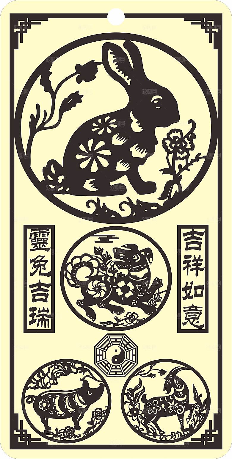 十二生肖剪纸窗花雕刻矢量图兔