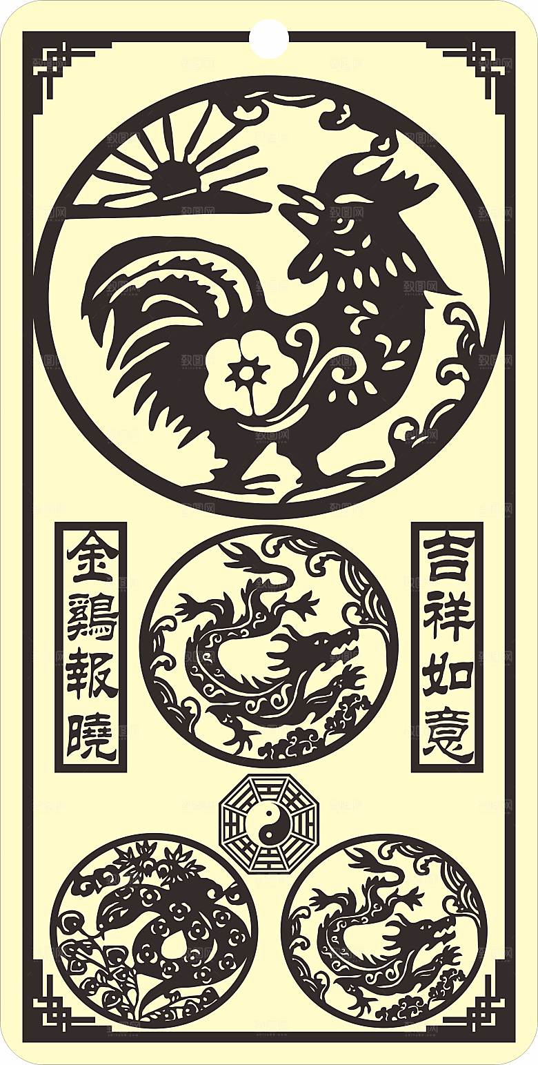 十二生肖剪纸窗花雕刻矢量图鸡
