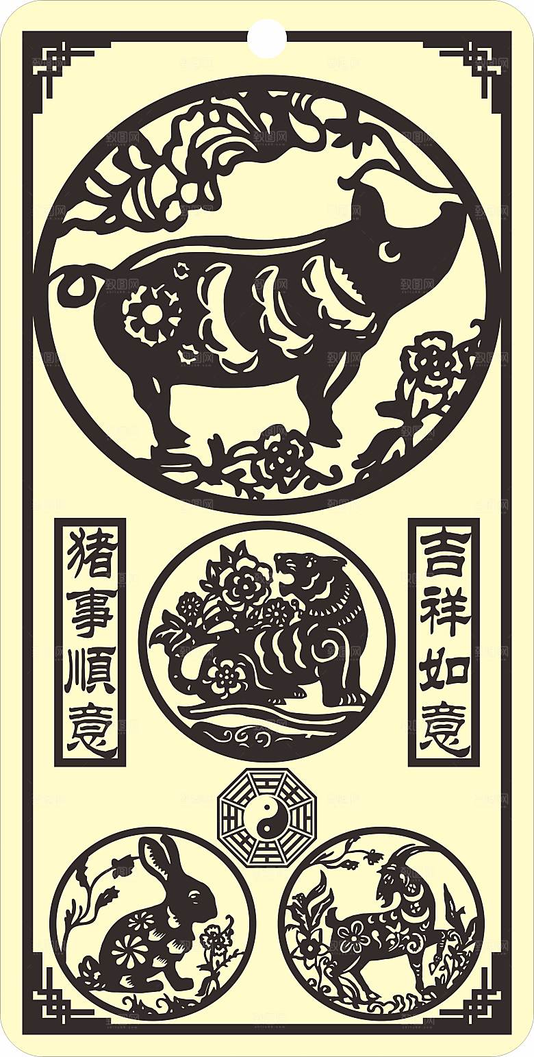 十二生肖剪纸窗花雕刻矢量图猪
