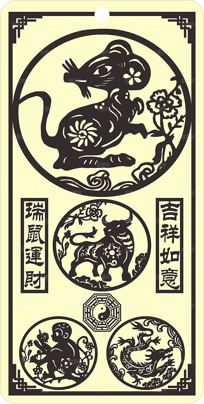 十二生肖剪纸窗花雕刻矢量图鼠