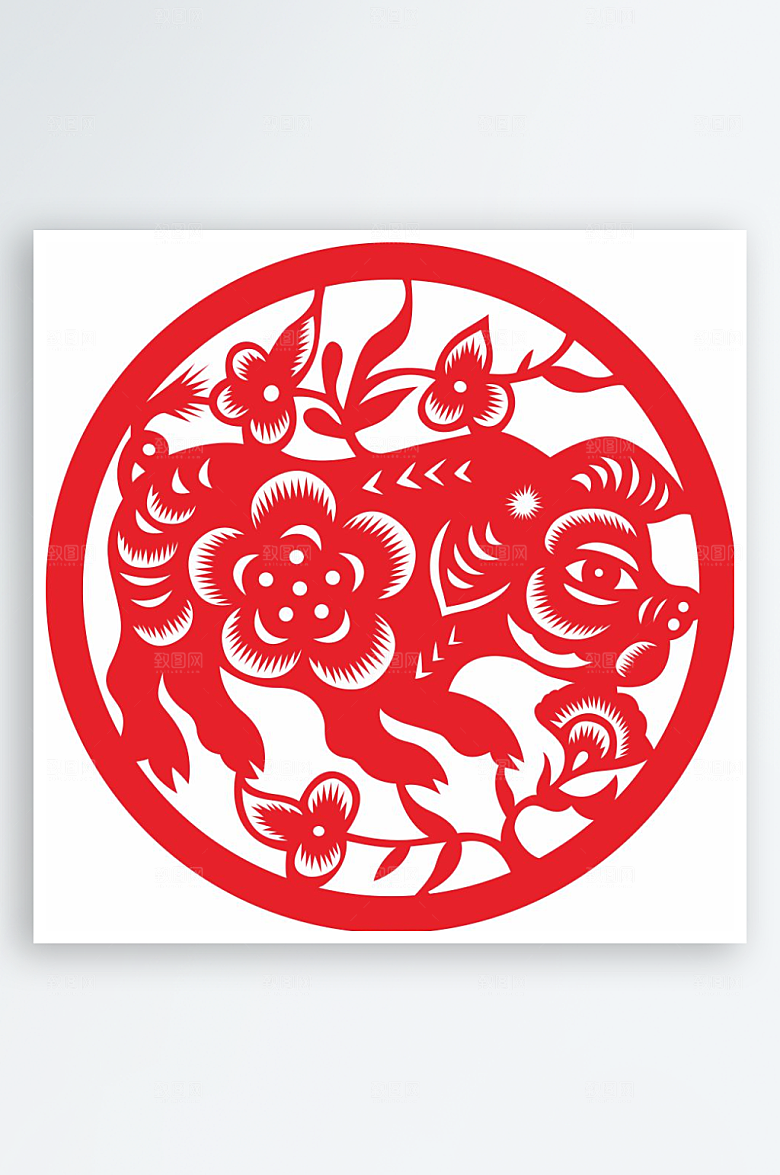 十二生肖窗花贴纸矢量图猪