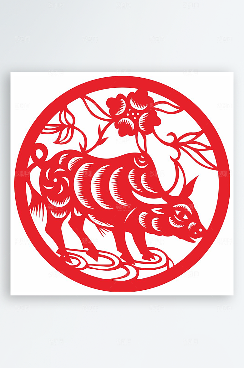 十二生肖窗花贴纸矢量图牛