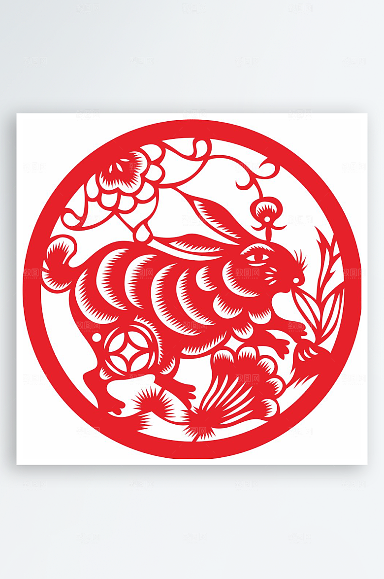 十二生肖窗花贴纸矢量图兔