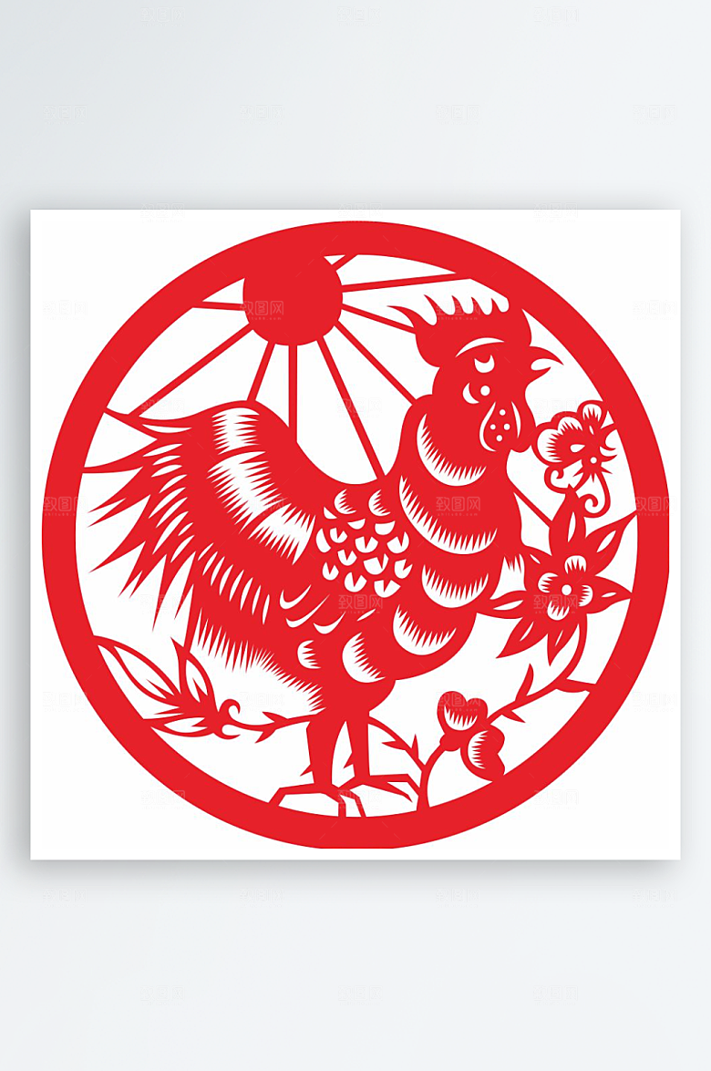 十二生肖窗花贴纸矢量图鸡