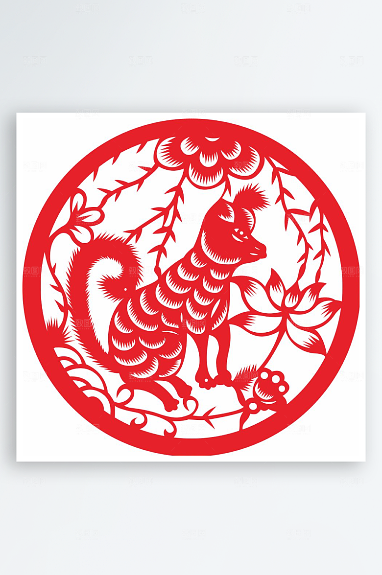 十二生肖窗花贴纸矢量图狗