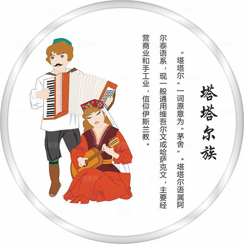 五十六个民族人物及简介矢量图塔塔尔