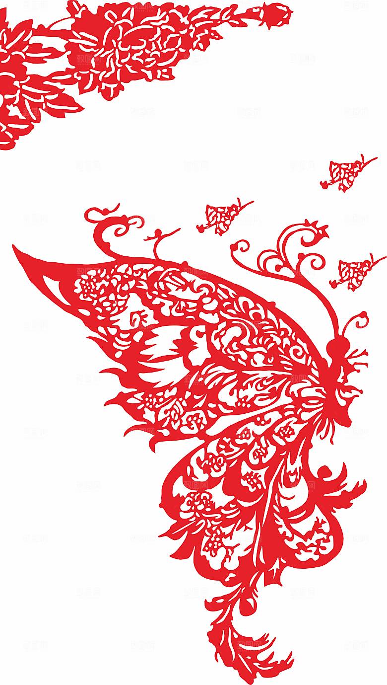 喜字窗花喜鹊花朵蝴蝶矢量图