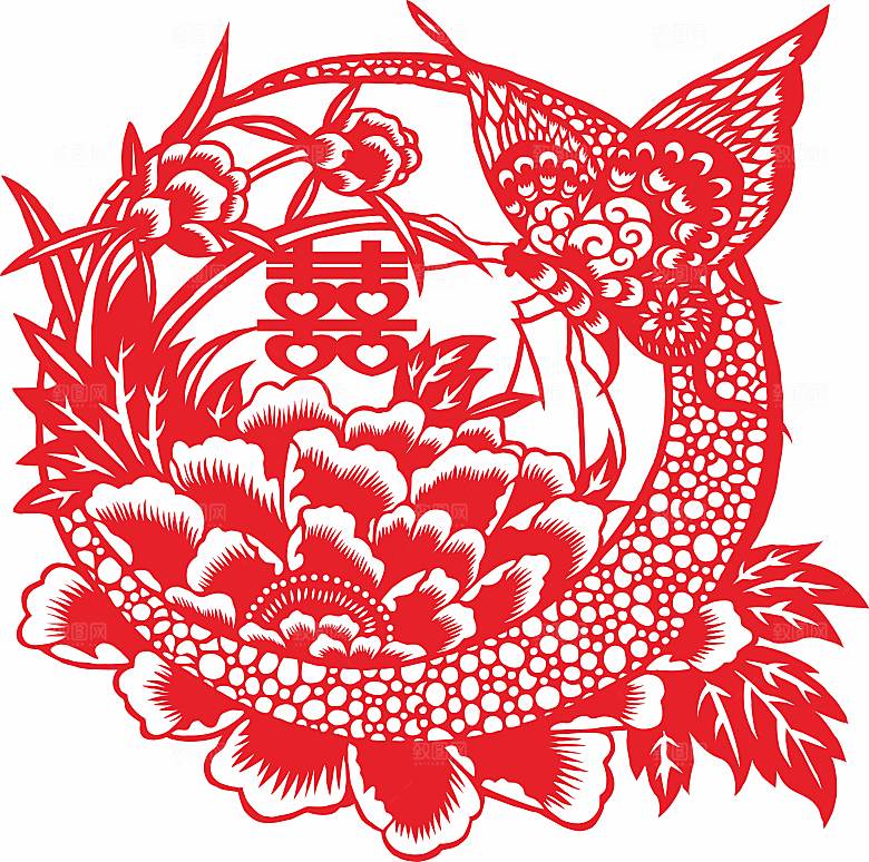 喜字窗花喜鹊花朵蝴蝶矢量图