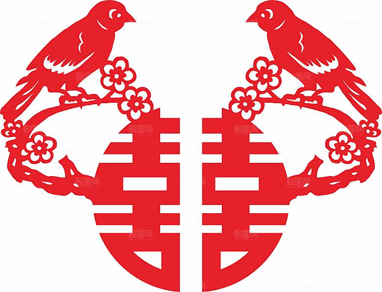 喜字窗花喜字喜鹊梅花矢量图