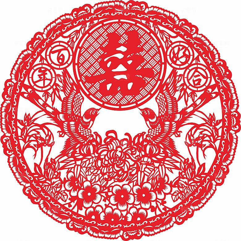 喜字窗花喜字喜鹊梅花矢量图